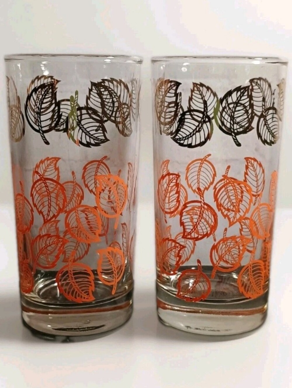 2 VTG Dominion Glass Autumn Leaves Orange & Metallic Gold Tumblers 5.5" Tall